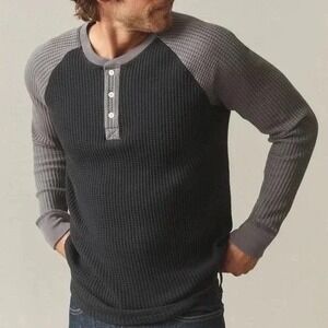 American Giant T-Shirt Mens L Black Gray Colorblock Cotton Stretch Waffle Knit
